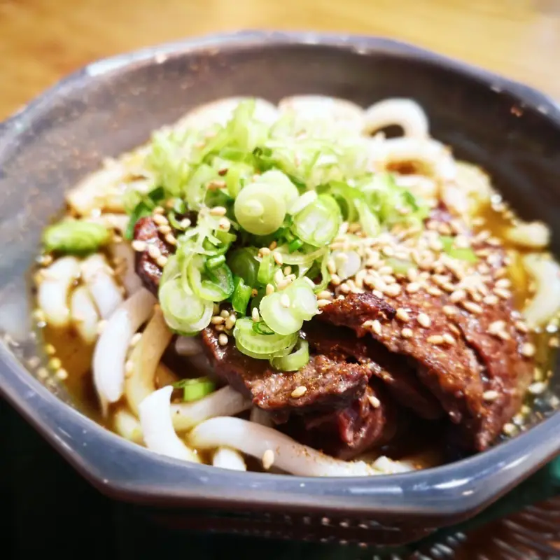 Udon noodles with beef and spring onion